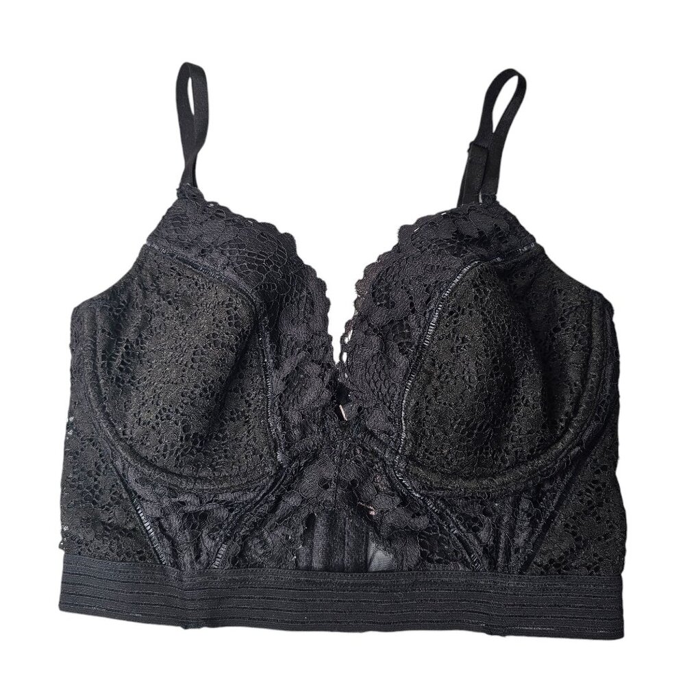 ⭐️Victoria's Secret  32D Black Lace Underwire Long Line Plung Bra Lightly Lined